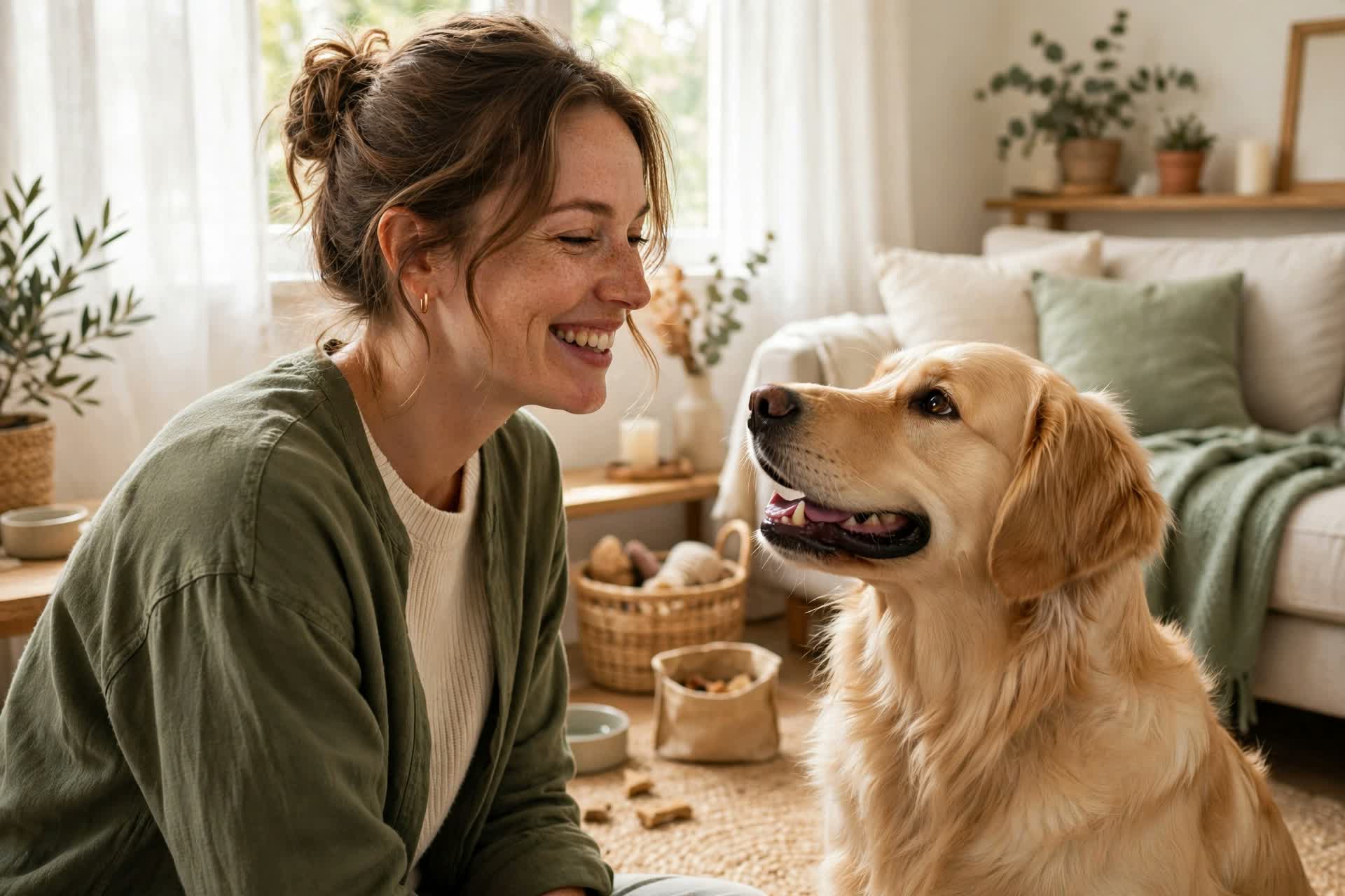 A happy dog training with its owner at home